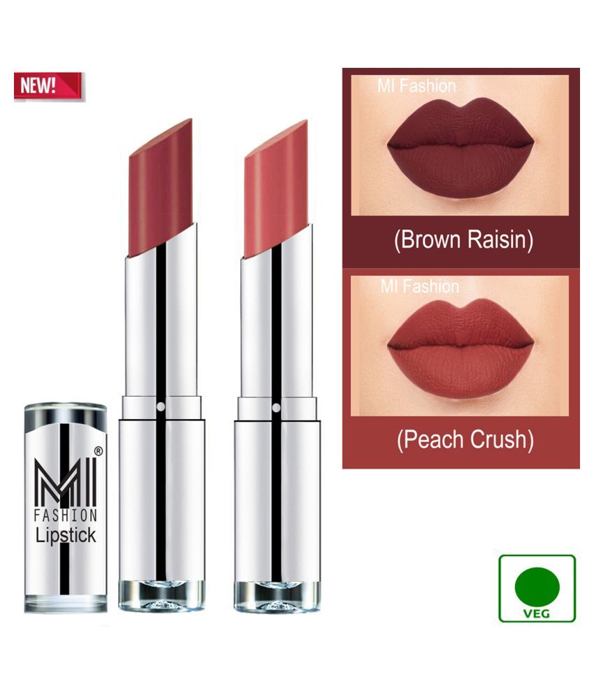     			MI FASHION 100% Veg Soft Matte Long Stay Lipstick Peach Crush Brown Pack of 2 7 g