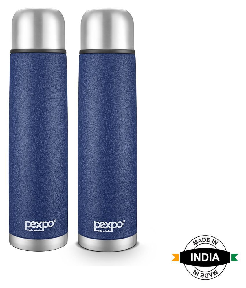     			Pexpo 1000ml 24 Hrs Hot and Cold Flask with Jute-bag, Flamingo Vacuum insulated Bottle (Pack of 2, Blue)