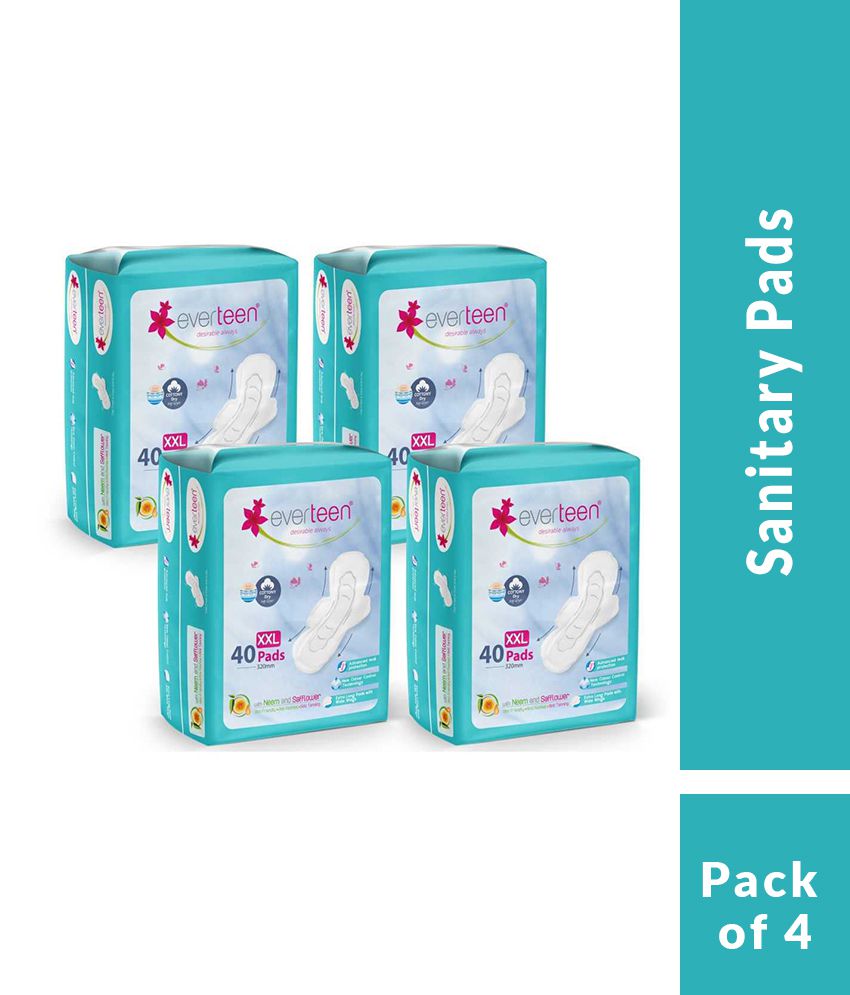 everteen XXL Sanitary Napkin Pads with Dry Top Layer for Women, Enriched with Neem and Safflower - 4 Packs (40 Pads, 320mm Each)