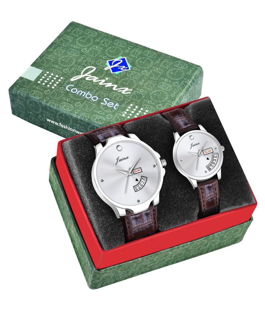     			Jainx Silver Day and Date Functioning Dial Analogue Watch For Couples