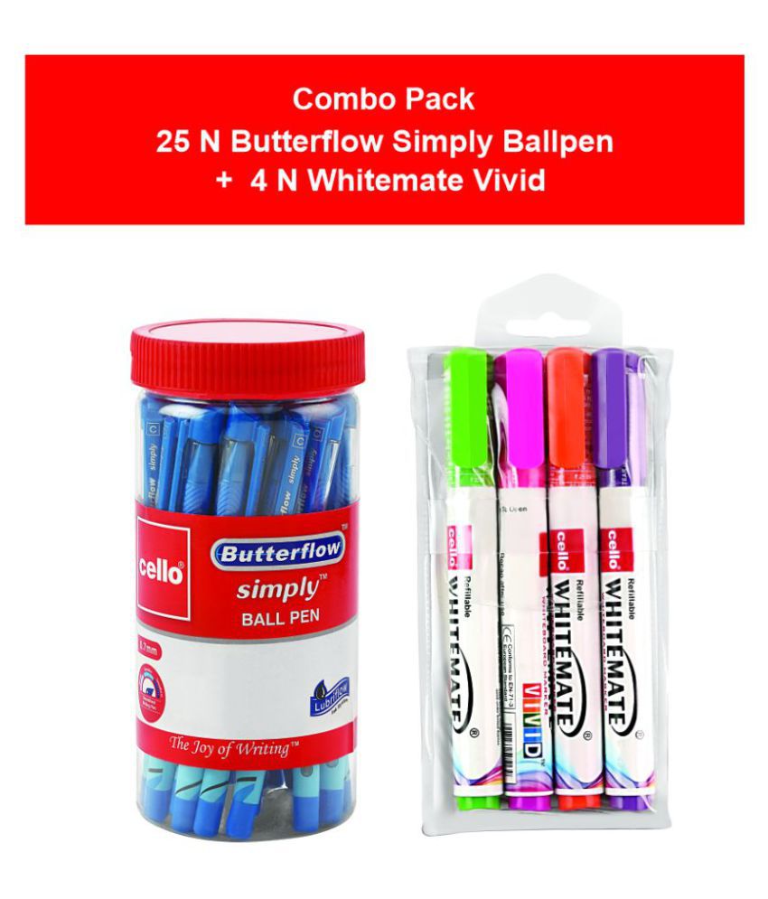     			Combo of Cello Butterflow Simply ball pens (Pack of 25) and Cello Vivid Whiteboard markers (Pack of 4) | Stationery for office and school | Pens for students & working professionals | Stationery essentials