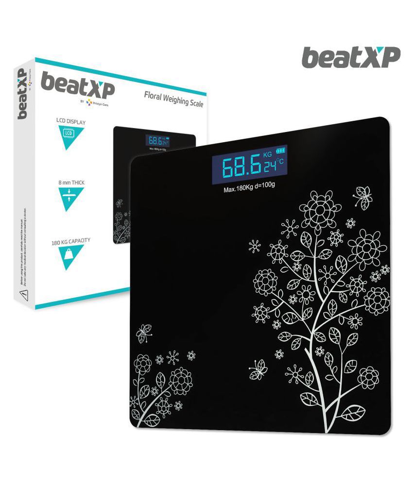 beatXP Thick Tempered Glass Electronic LCD Personal Health Body Fitness Digital Bathroom Scales & Weight Machine for Home with Room Temperature Indicator - Floral Black