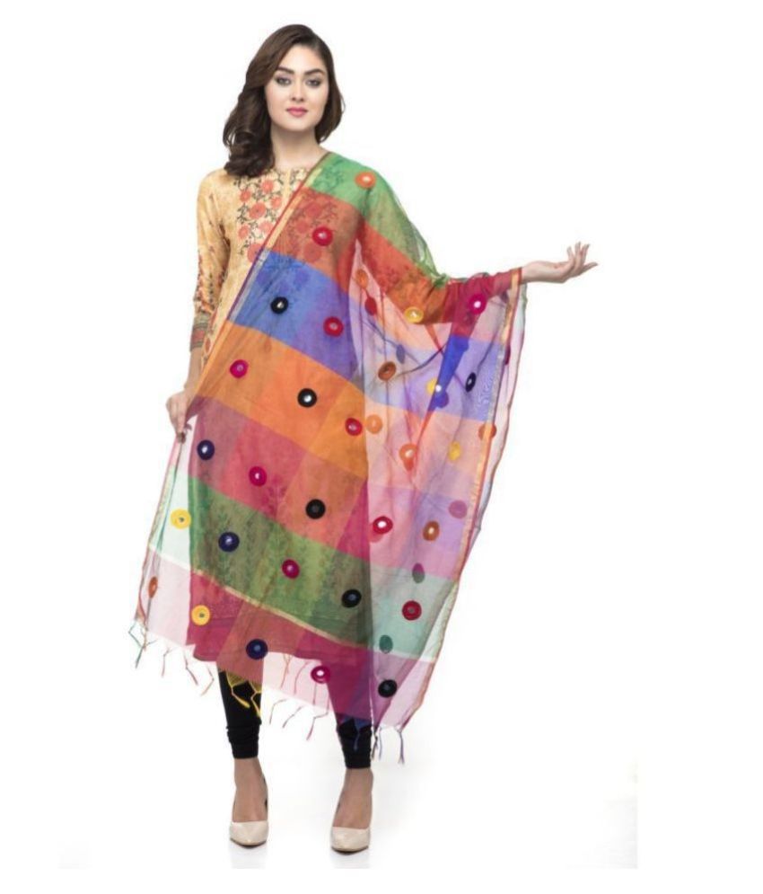     			A R Silk Multicoloured Chanderi Hand Embroidered Dupatta - Single
