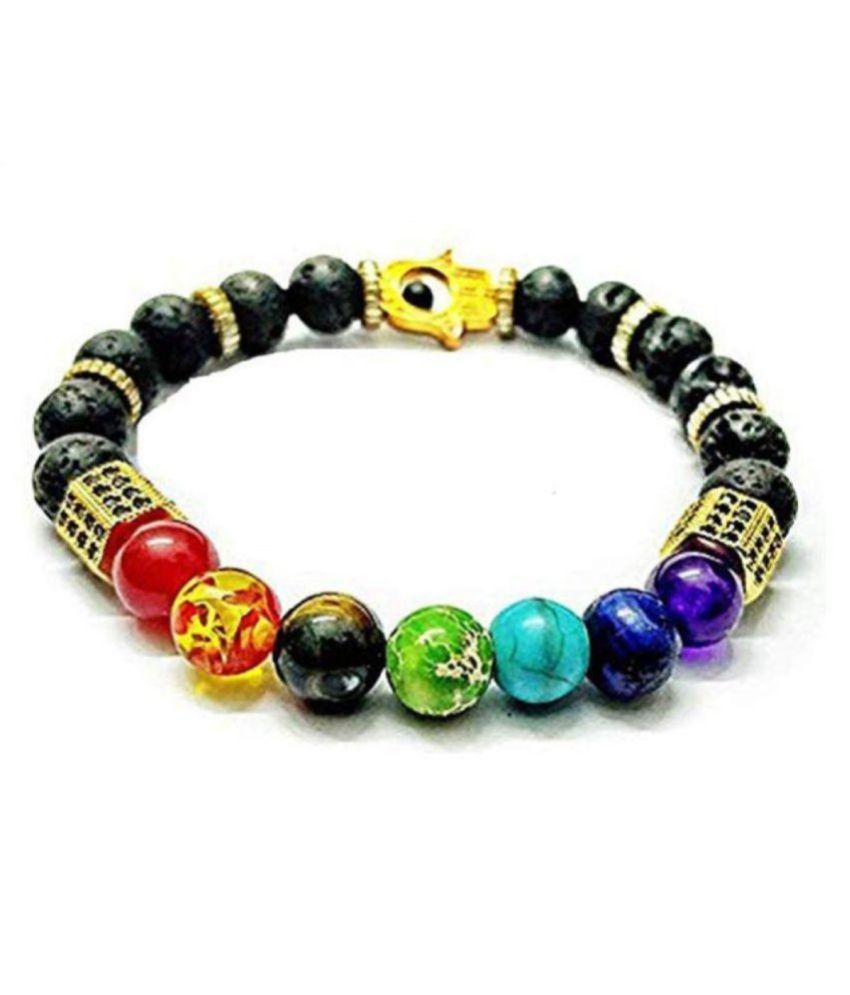     			8mm Black Lava Multi 7 Chakra With Hamza Natural Agate Stone Braclelet