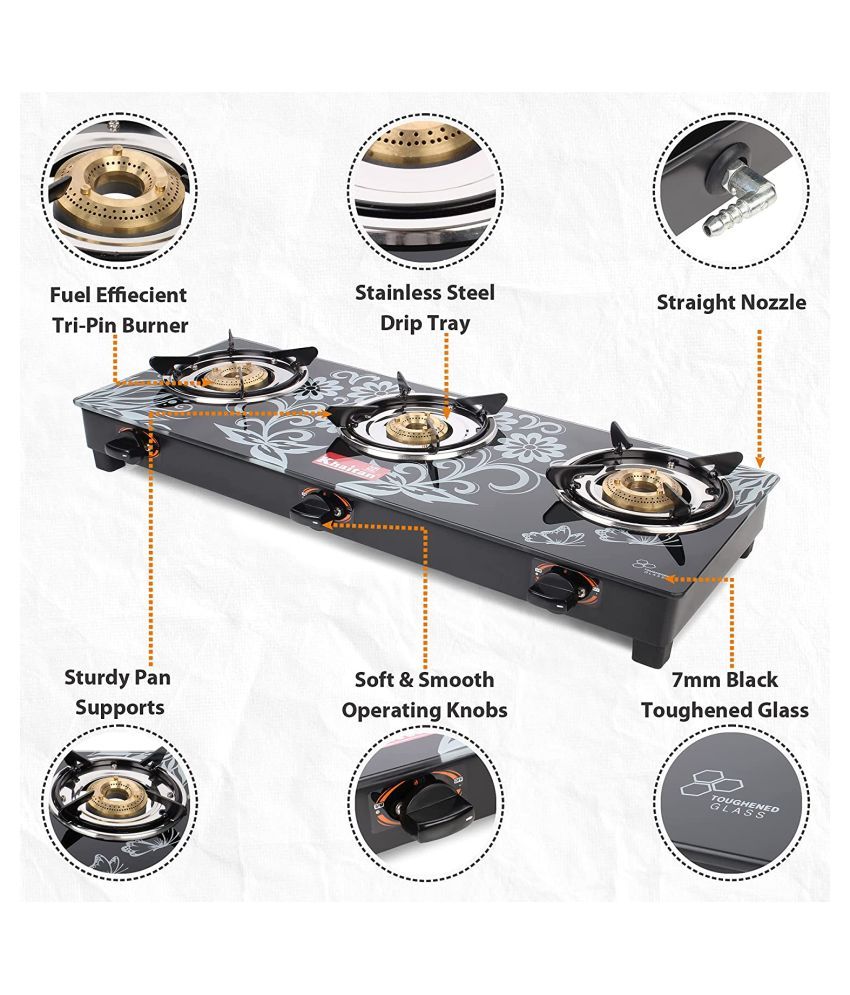 Khaitan 3 Burner Gas Stove BPJIO Digital Toughened Glass Top, manual