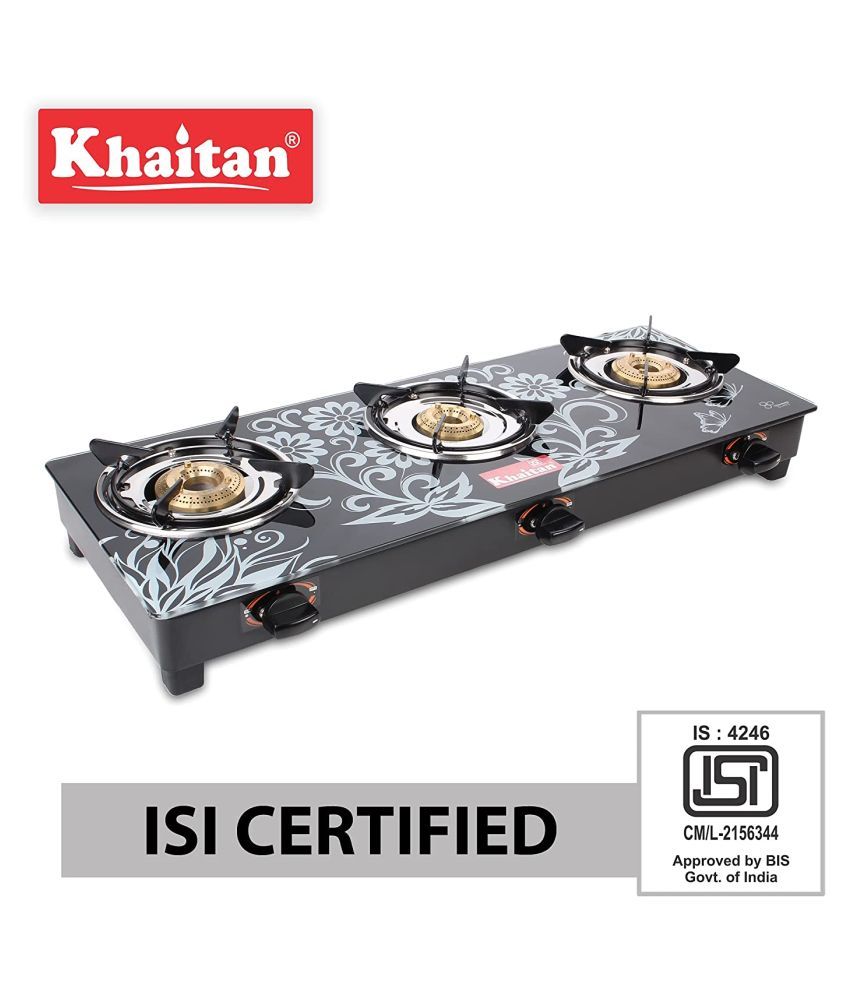 Khaitan 3 Burner Gas Stove BPJIO Digital Toughened Glass Top, manual
