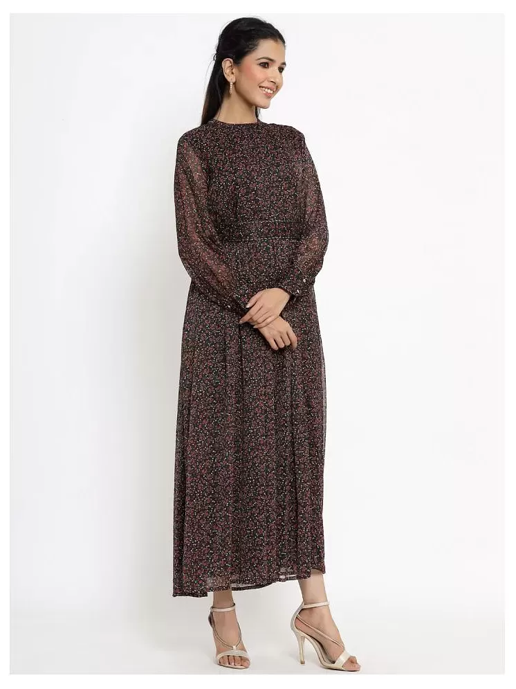 Buy Juniper Black Alphin Chiffon Flared Printed Dress With Tie-up Blet  Online in India