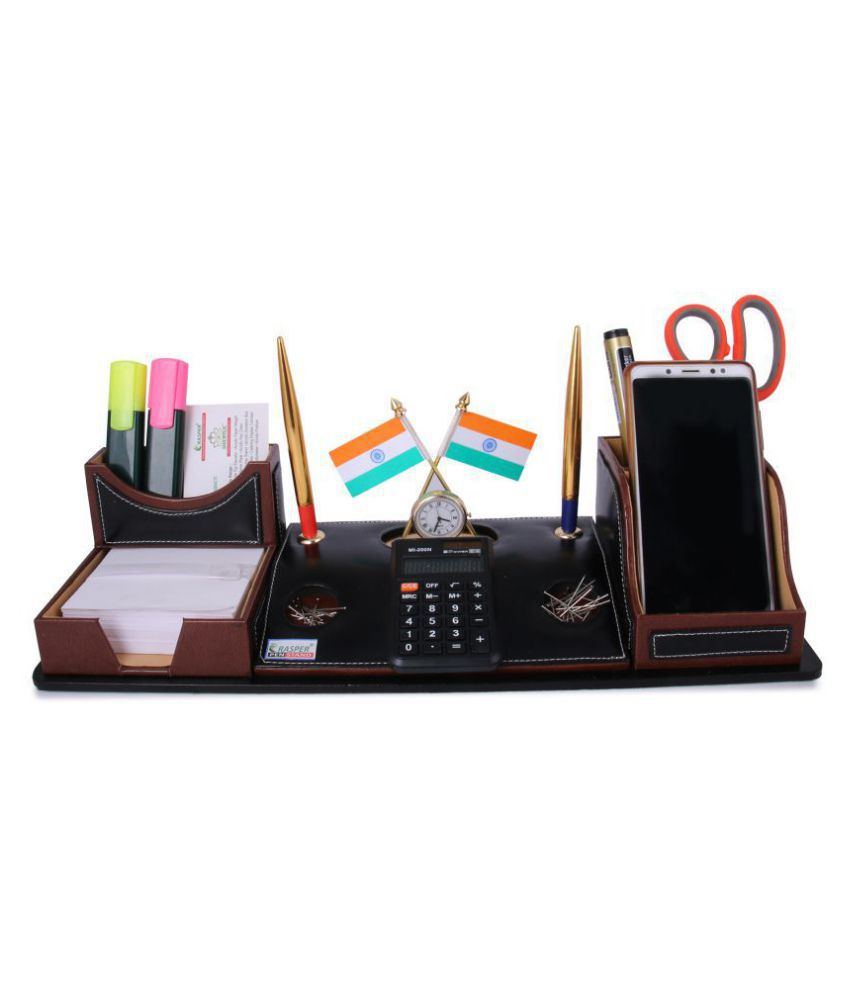 Rasper Black Leather Multipurpose Desk Organizer Pen Stand Holder with Calculator Watch...