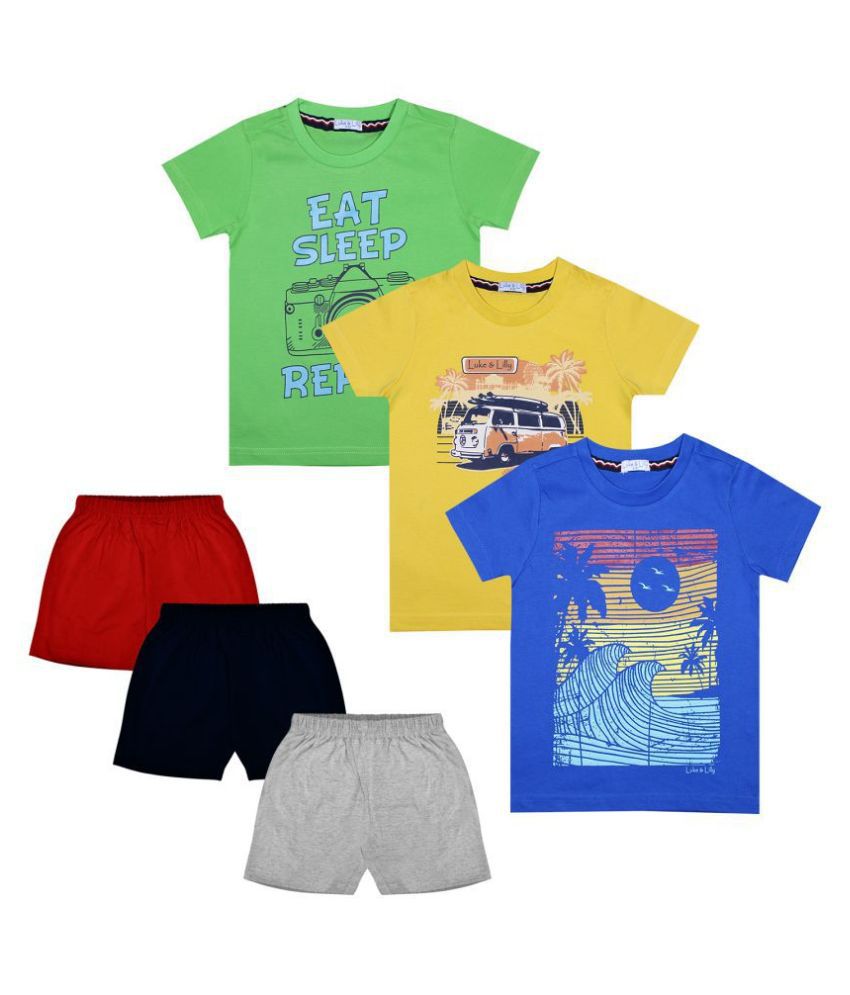 Luke and Lilly Boys Cotton Half Sleeve Multicolor Tshirt & Shorts Pack of 3