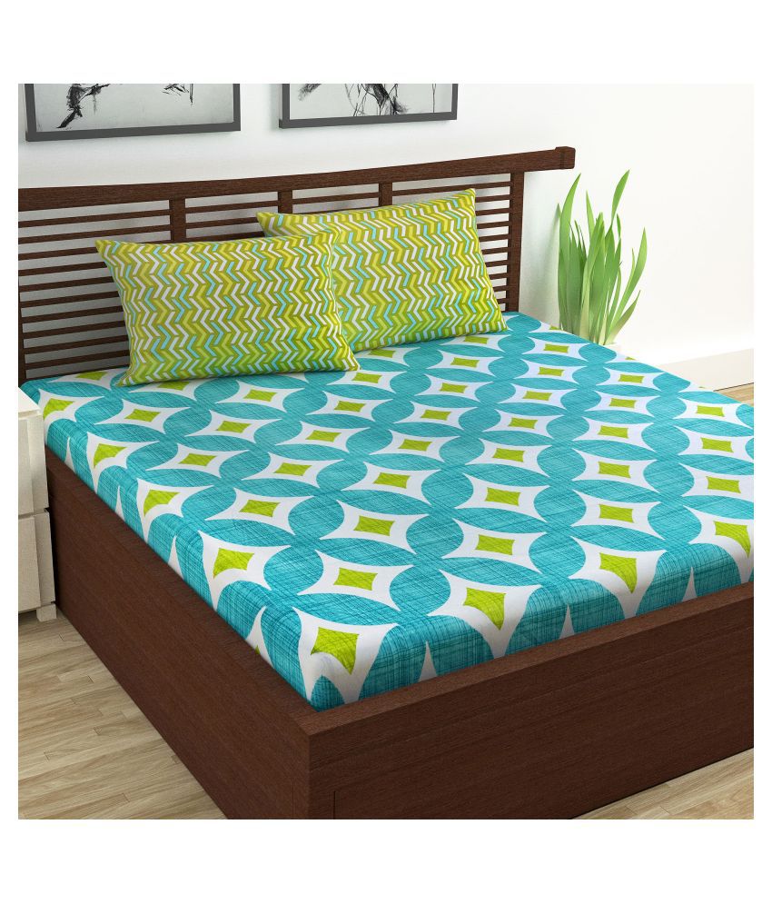     			DIVINE CASA - Turquoise Cotton Double Bedsheet with 2 Pillow Covers