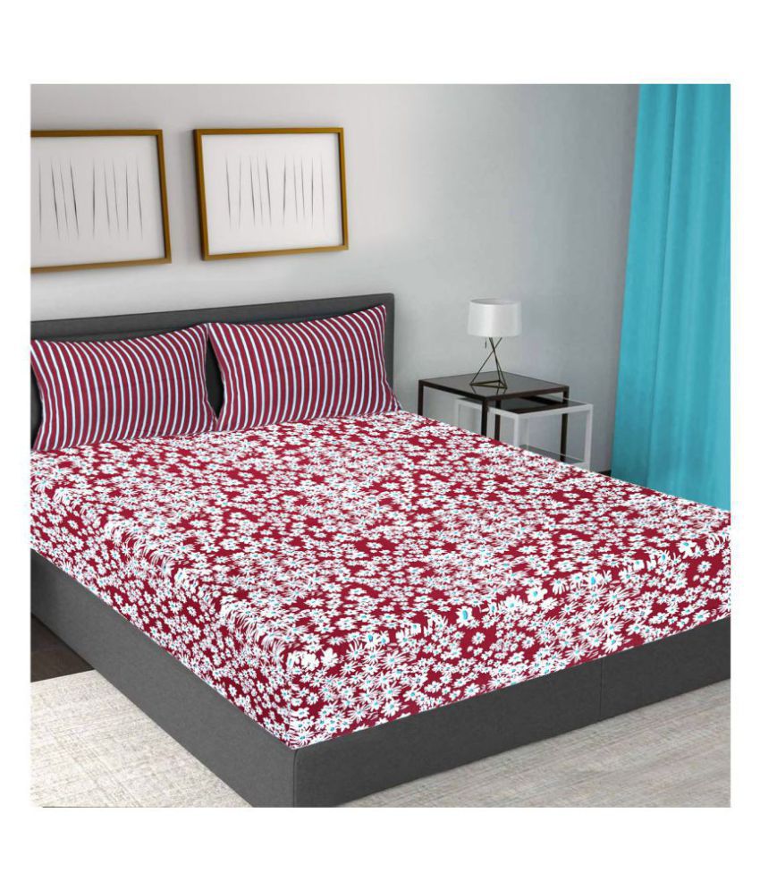     			Frionkandy Cotton Queen Bed Sheet with Two Pillow Covers - Red