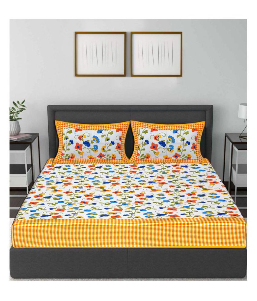     			Frionkandy Cotton Queen Bed Sheet with Two Pillow Covers - Yellow