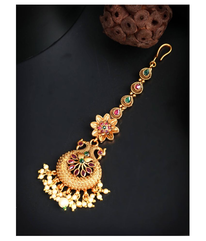     			Priyaasi Kemp Stones Pearls Peacock Gold Plated Maang Tikka