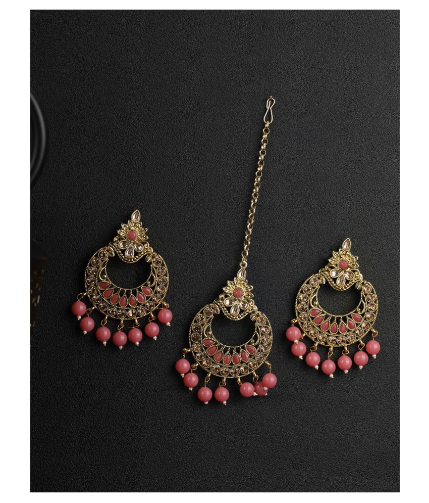     			Priyaasi Kundan and Pink Stone Studded Maang Tikka and Earring Set