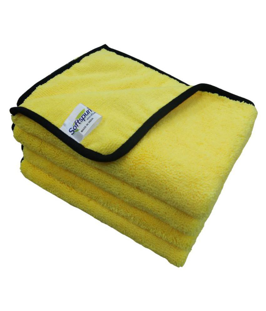SOFTSPUN Microfiber High Loop, Silk Banded Edges, Car Cleaning Cloths, 40x40cms 4pcs (Yellow) Towel Set 380 GSM Highly Absorbent, Multi-Purpose Cleaning Cloth