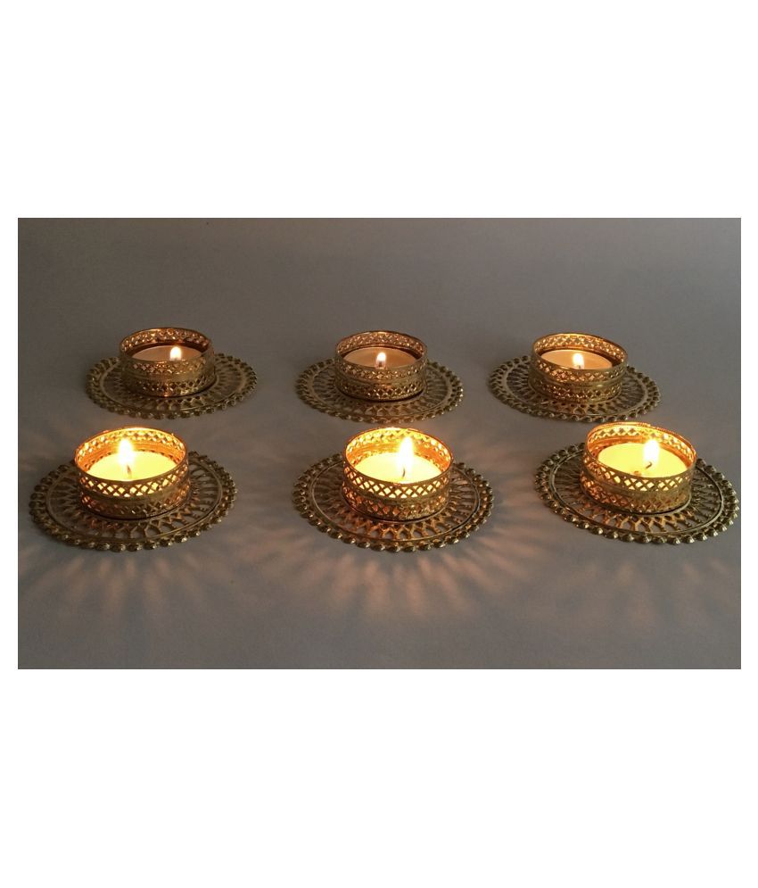 thriftkart 6 Golden Tealight Candles Holder with Wax Tealight LED T-lite Gold - Pack of 6
