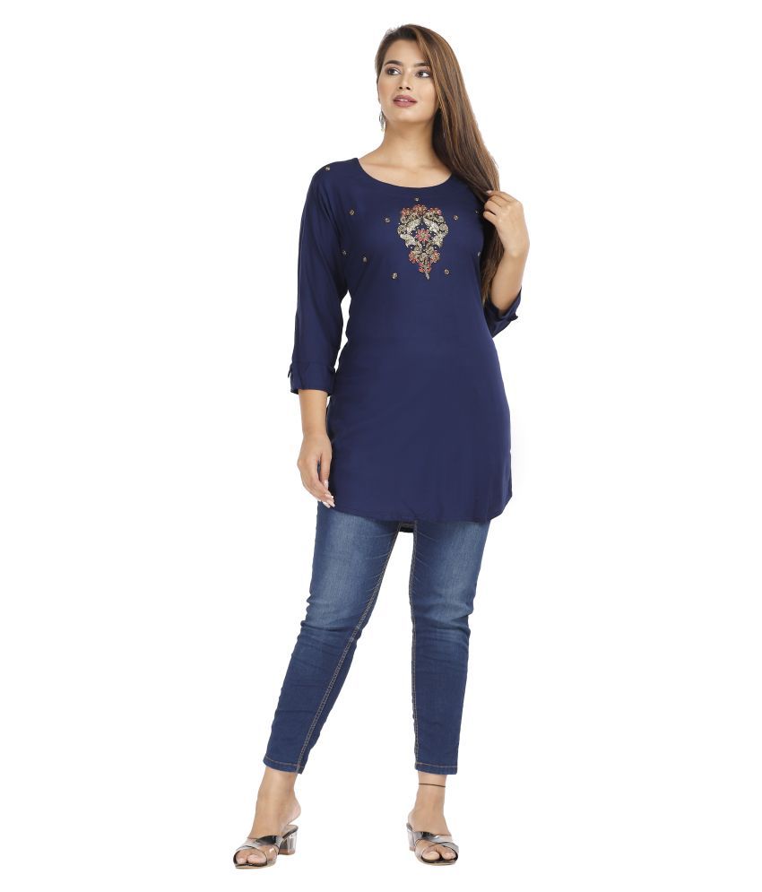     			JC4U - Navy Rayon Women's Straight Kurti ( Pack of 1 )