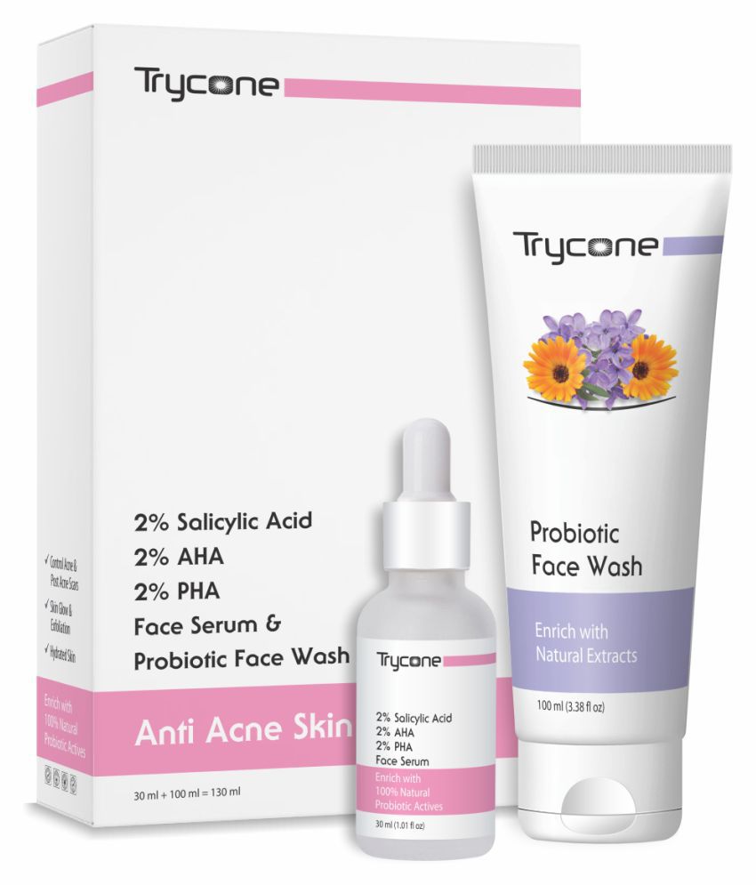     			Trycone Anti Acne serum and Probiotic Face Wash Combo for Acne, Post Acne Scars, Skin Glow, Exfoliation and Hydrated Skin, Pack of 2 - 30+100 ml