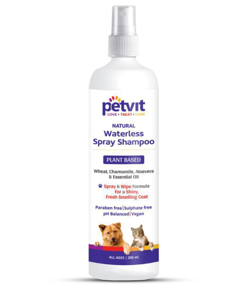 Petvit Plant Based Natural Waterless Spray Shampoo With Wheat Protein, Lemongrass Oil, Lavender, Rosemary, Eucalyptus, Coconut Oil, Castor Oil |For a Cleaner, Smoother & Shinier Coat |Dry |Waterless| Hypoallergenic For All Breed Dog & Cat - 200ml