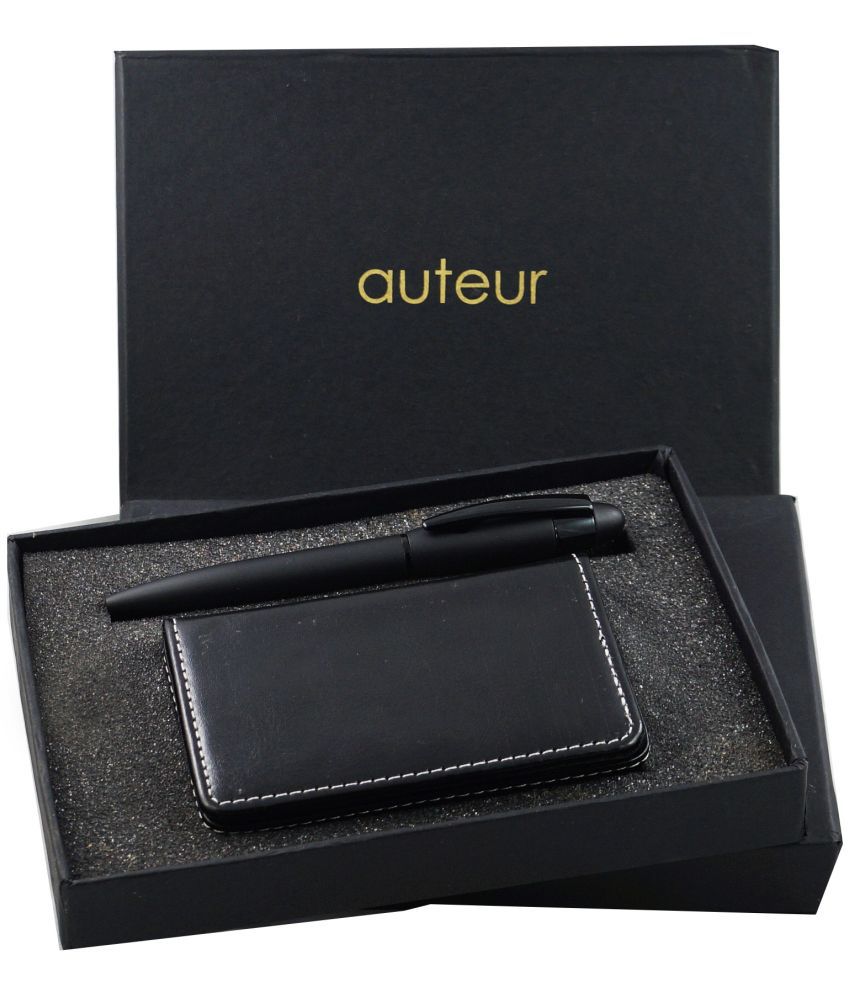     			auteur Gift Set,A Ball Pen, A Premium RFID Safe Card Wallet, In Black Color Metal Pen & PU Leather Body ATM/Debit/Credit/Visiting Card Holder, Excellent Corporate Gift Set Packed in an Attractive Box.