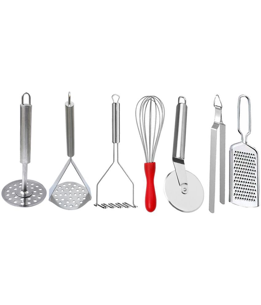     			JISUN Stainless Steel Kitchen Tool (Contains: 3 Potato Masher, 1 Roti chimta, 1 Dolphin Whisk, 1 Pizza Cutter, 1 Cheese Grater) Silver Kitchen Tool Set