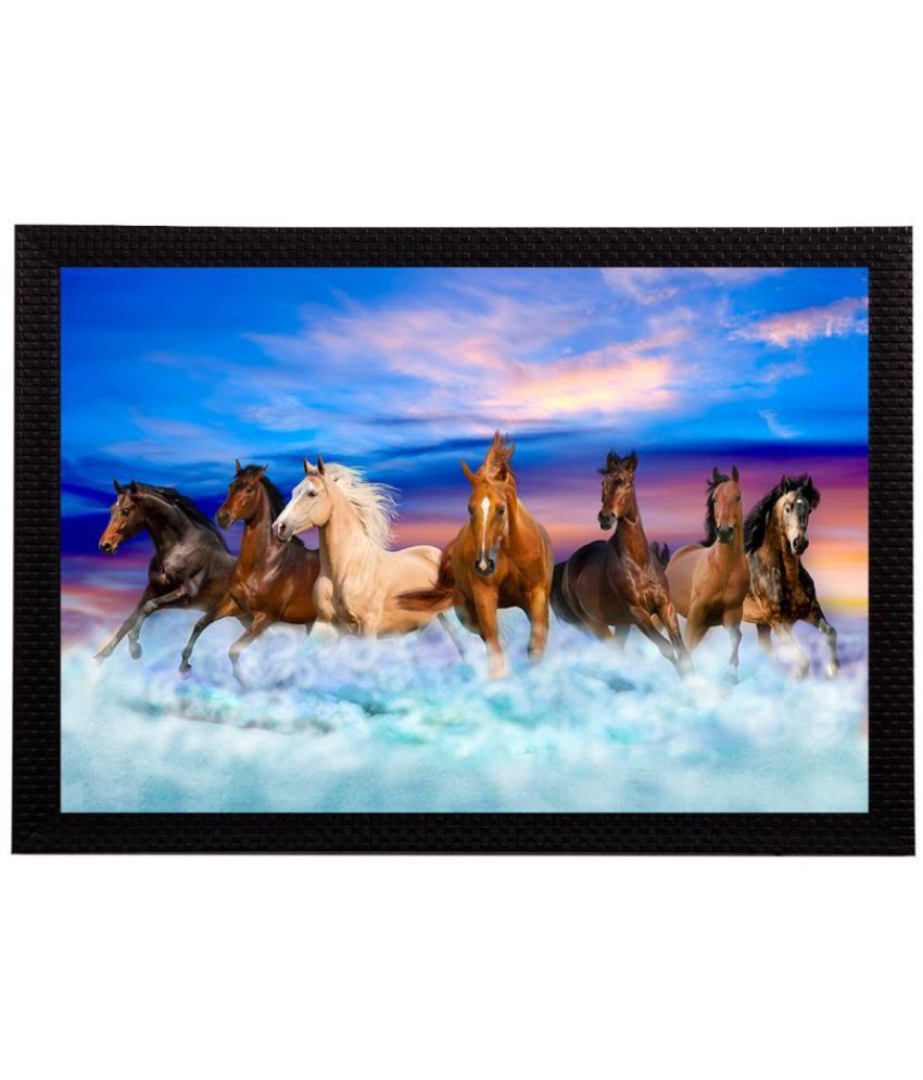     			eCraftIndia Blue & Brown 7 Lucky Running Horses Satin Matt Texture Framed UV Wall Art