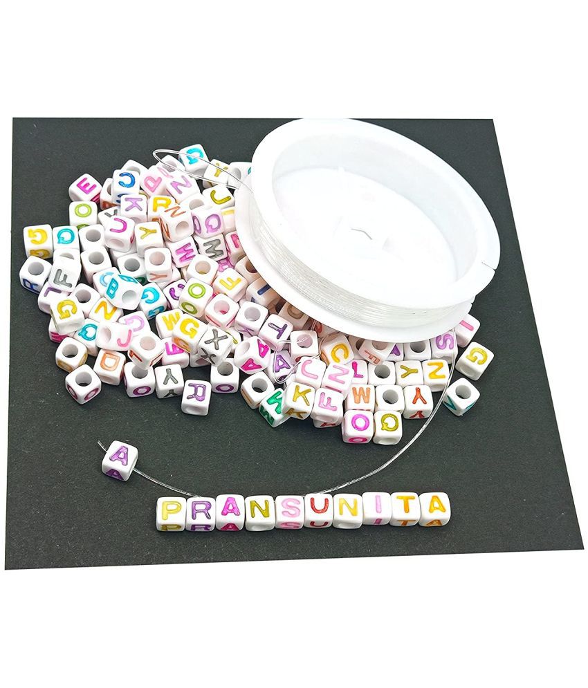     			PRANSUNITA 200 Pcs Alphabet Letter Beads for Jewelry Making with Colorful Letters for DIY Bracelets, Necklaces, Educational Toys, (White Beads with Colorful Letters) with 1 Roll 50M Crystal String Cord ( 6mm)