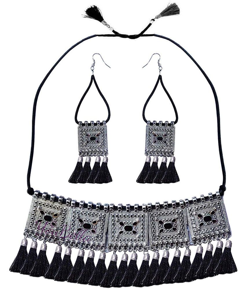     			YouBella Fashion Jewellery Antique German Silver Oxidised Plated Tribal Cotton Thread Jewellery Necklace Earring Set for Women & Girls.(Valentine Gift Special). (Black)