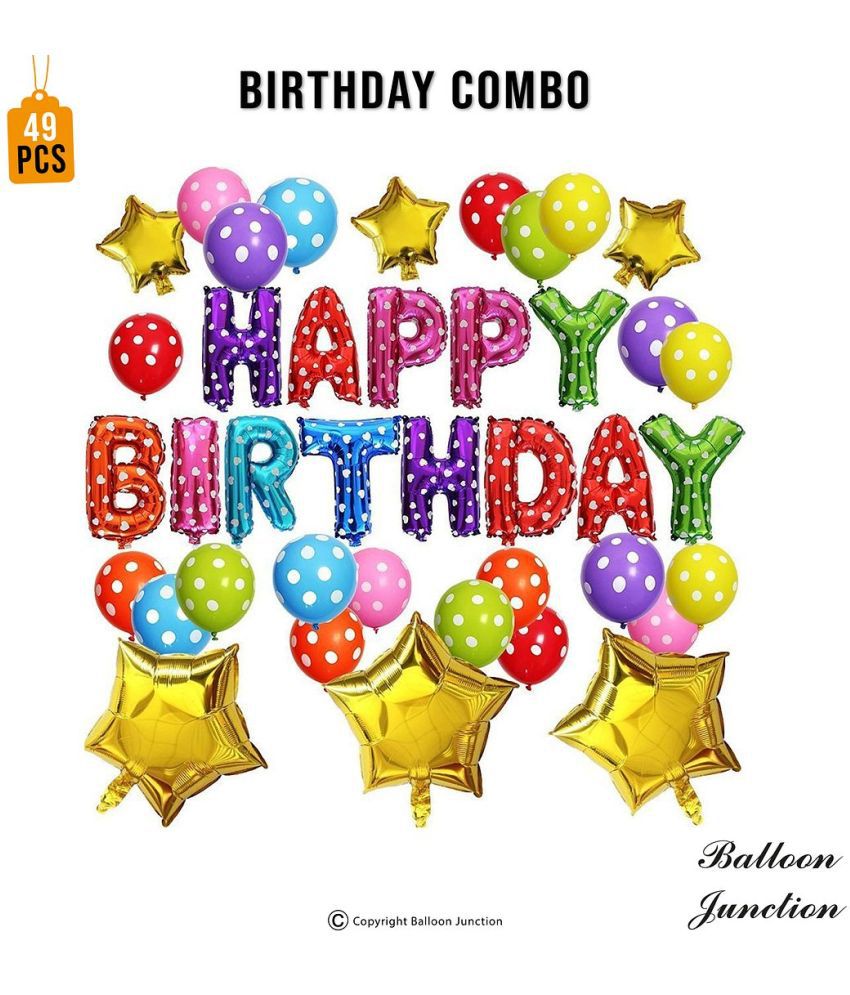     			Balloon Junction Themez Only "Happy Birthday" Letter Foil Balloon Set of 13 Letters (MULTI) with 30 pcs Multicolor Polka Balloons and 6 pcs Gold STAR Foil - Pack of 49 pcs