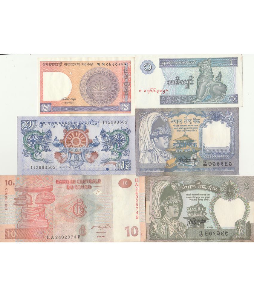     			NUMISMATTECLY  RARE AND COLLECTIBLE-ONLY SIX N0TE SET NEPAL,BANGLADESH,,BHUTAN,MAYANMAR AND CONGO COUNTRY ,HIGHLY COLLECTIBLE ,IN EXTRA FINE CONDITION ,IN EVERY ORDER N0TE SERIAL N