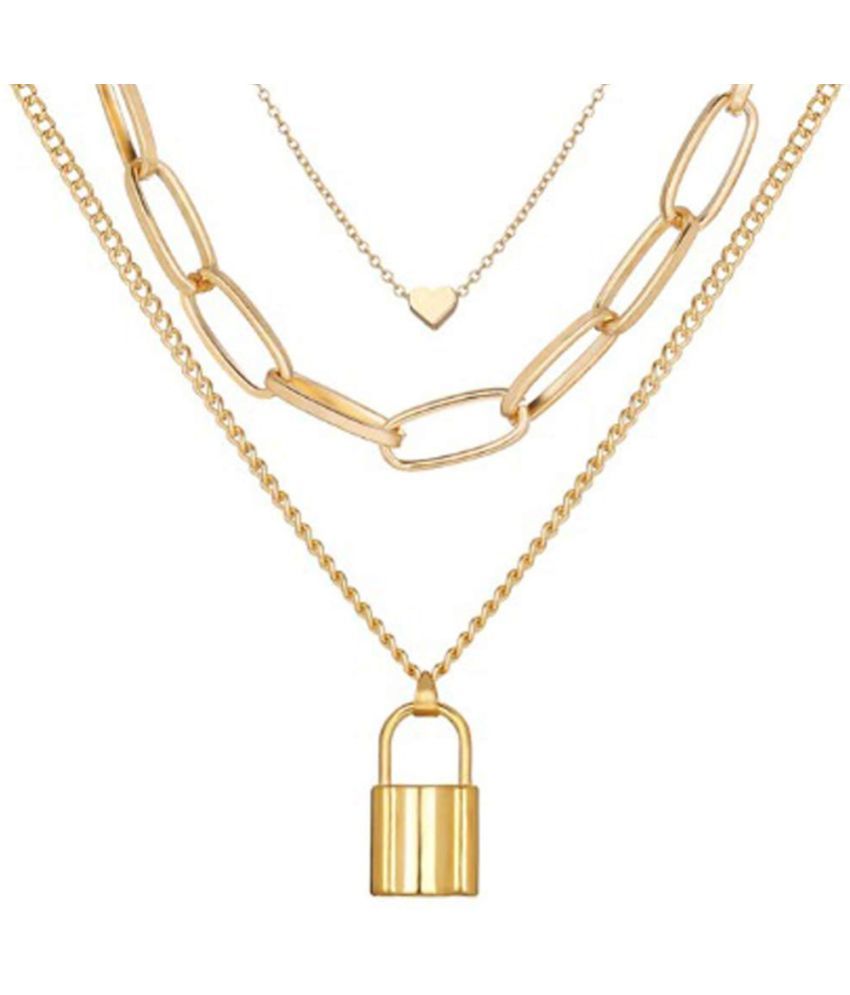     			YouBella Valentine Gift Gold Plated Trending Lock Inspired Layered Necklace Set