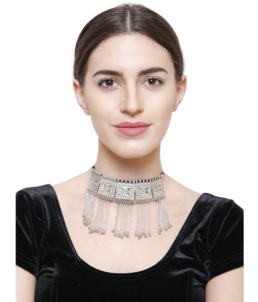     			YouBella Jewellery Oxidised Silver-Plated Floral Stone-Studded Afghani Necklace