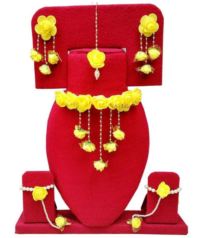     			YouBella Jewellery Set for Women Floret Gota Patti Necklace, Earrings, Bracelet & Maang Tika for Women & Girls (Mehandi/Haldi) (Yellow)