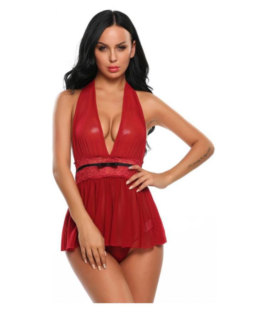     			FEIJOA Net Baby Doll Dresses With Panty - Red Single