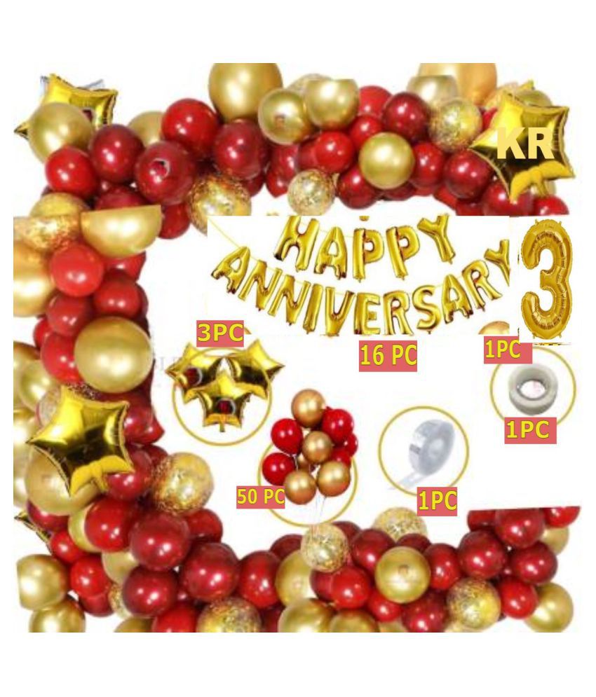     			KR Solid Red Gold Foil Boys Girls 3rd Happy Anniversary Balloon Decoration Kit Combo (Pack of 76)