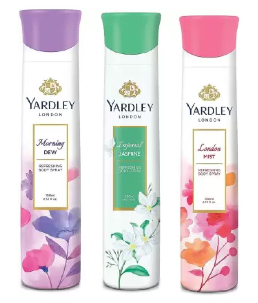     			Yardley London Morning Dew, Imperial jasmine,London mist Body Spray - For Women  (150 ml each, Pack of 3).