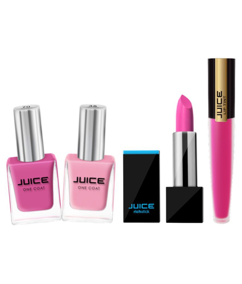     			Juice PINK & SPONTANEITY NAIL PAINT, CANDY FLOSS LIPSTICK, ROSE PINK LIPTINT Makeup Kit Pack of 4 380