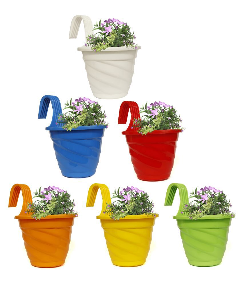 Homspurts Plastic Single Hook Railing Twister Hanging Pot Planter Flower Pots Set of 6  Pieces(Assorted Colours)