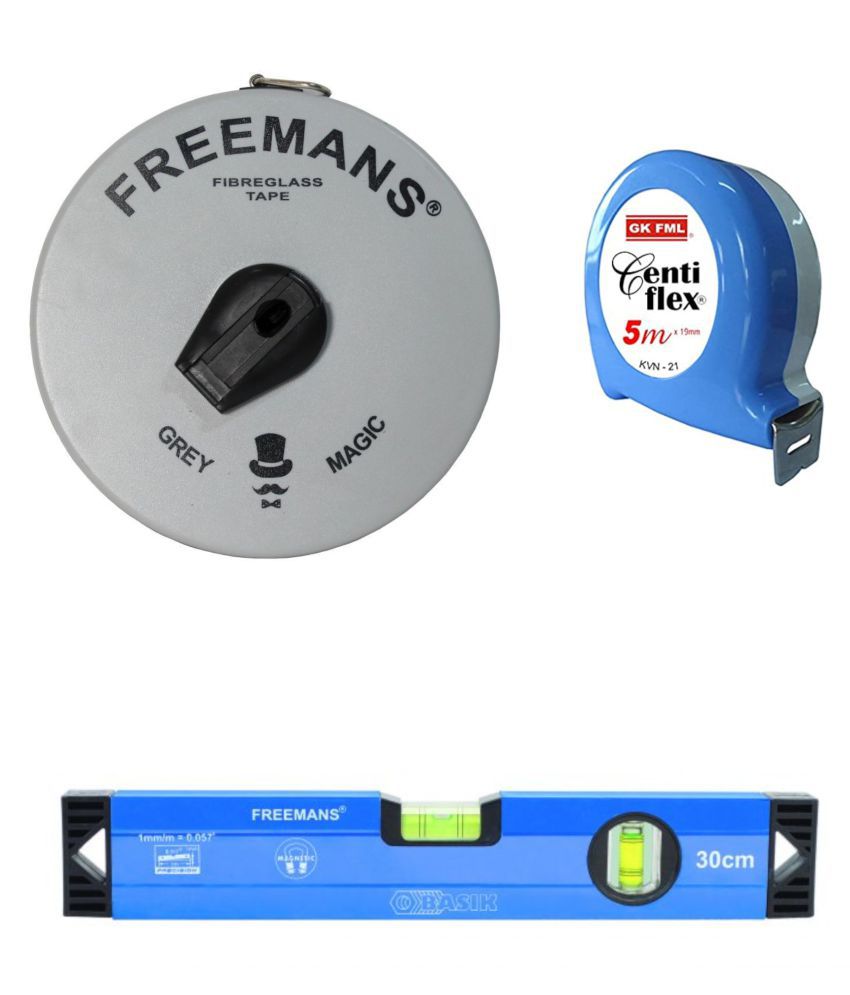 Freemans Grey Magic 15 Mtr Measuring Tape/Centi Flex 5 Mtr Measuring Tape/ Spirt Level 30 cm.