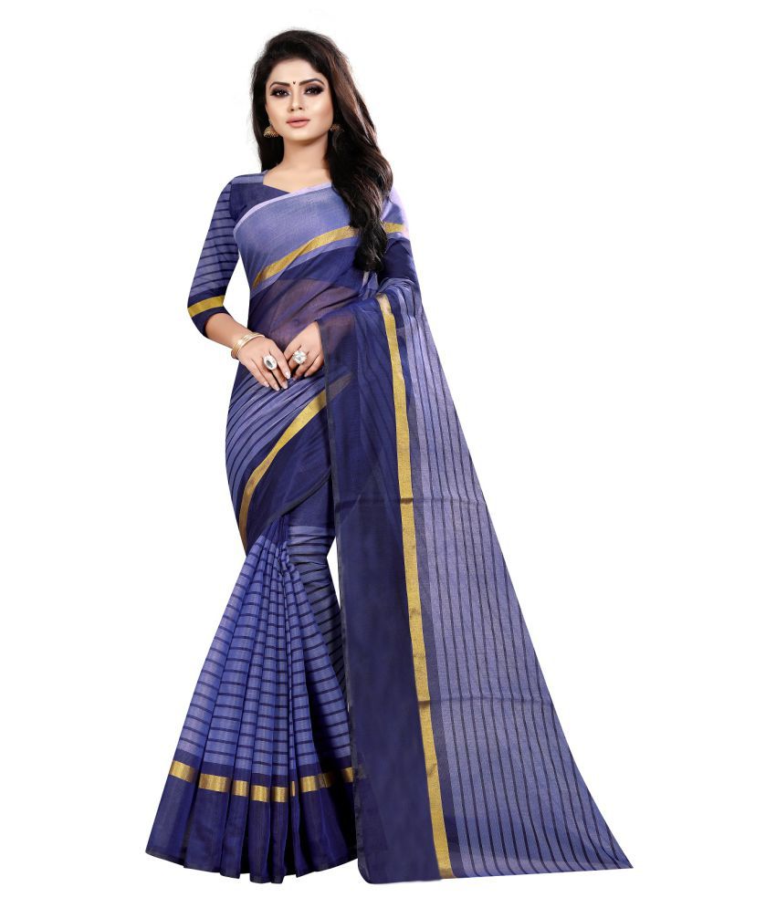     			Aika - Blue Cotton Blend Saree With Blouse Piece (Pack of 1)
