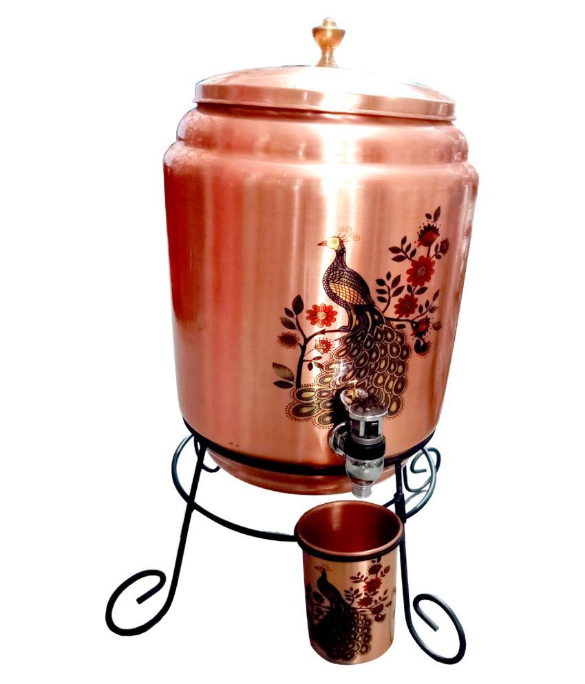 Beautiful Design Printed Copper Water Dispenser (Matka/Pot) Container Pot with 1 Copper Glass