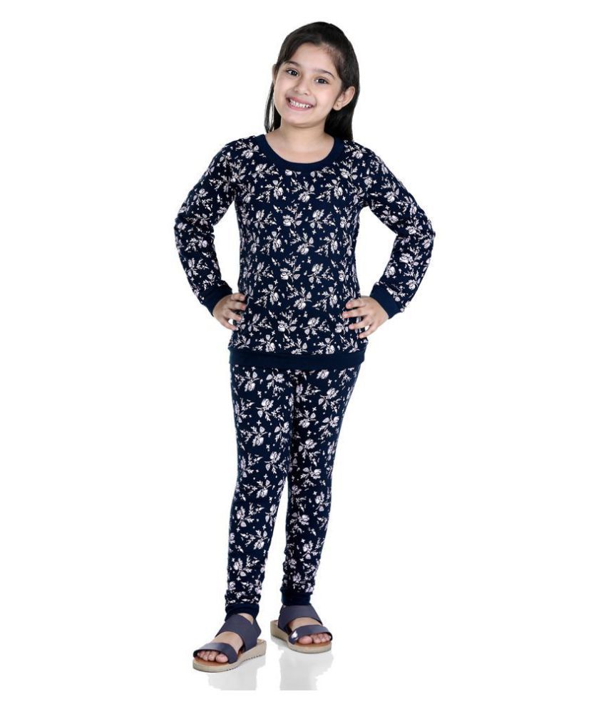 Naughty Ninos Girls Floral Printed Night Suit Sets (Navy Blue & White)