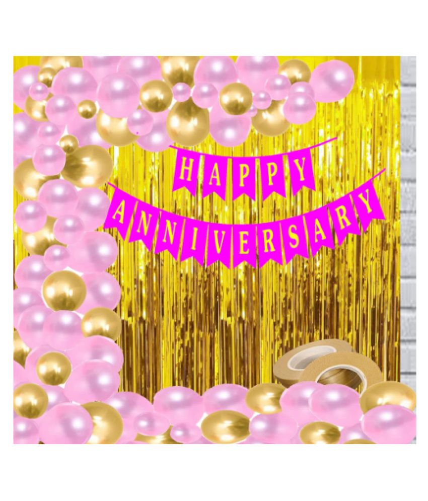     			Blooms Event(34 Pcs) Happy Anniversary Banner, Curtains , Metallic Balloons Decoration Kit Set Decorations Items Combo (Pink & Golden)