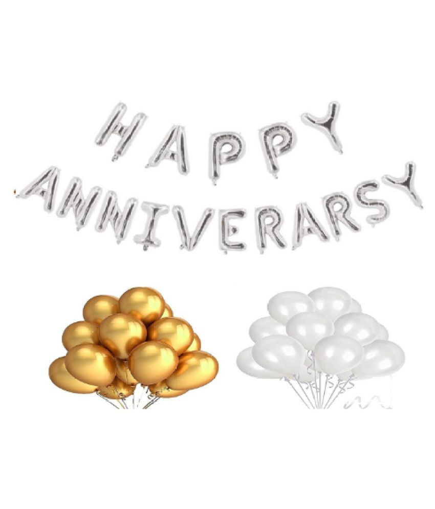     			Blooms Event Silver Happy Anniversary Foil Balloon +Goden  & White balloon Combo set