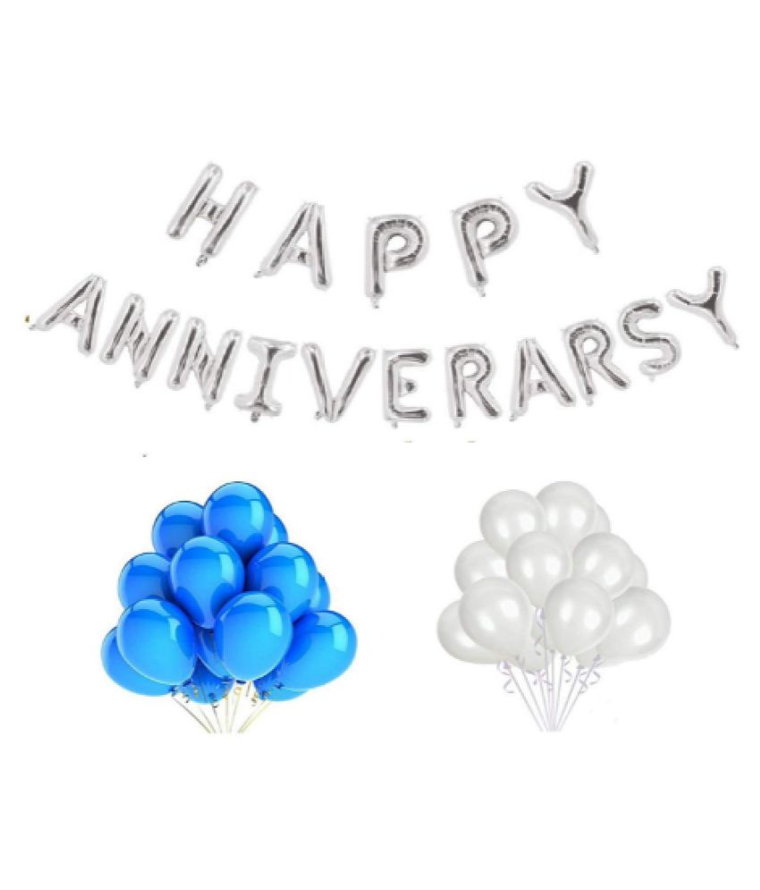     			Blooms Event Silver Happy Anniversary Foil Balloon+ Blue & White balloon Combo set
