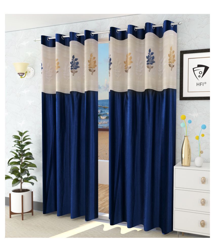     			LaVichitra Floral Semi-Transparent Eyelet Window Curtain 5ft (Pack of 2) - Navy Blue