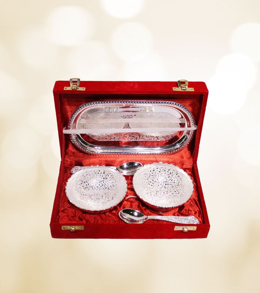 HOMETALES German Silver Plated Gift Bowl Tray Set