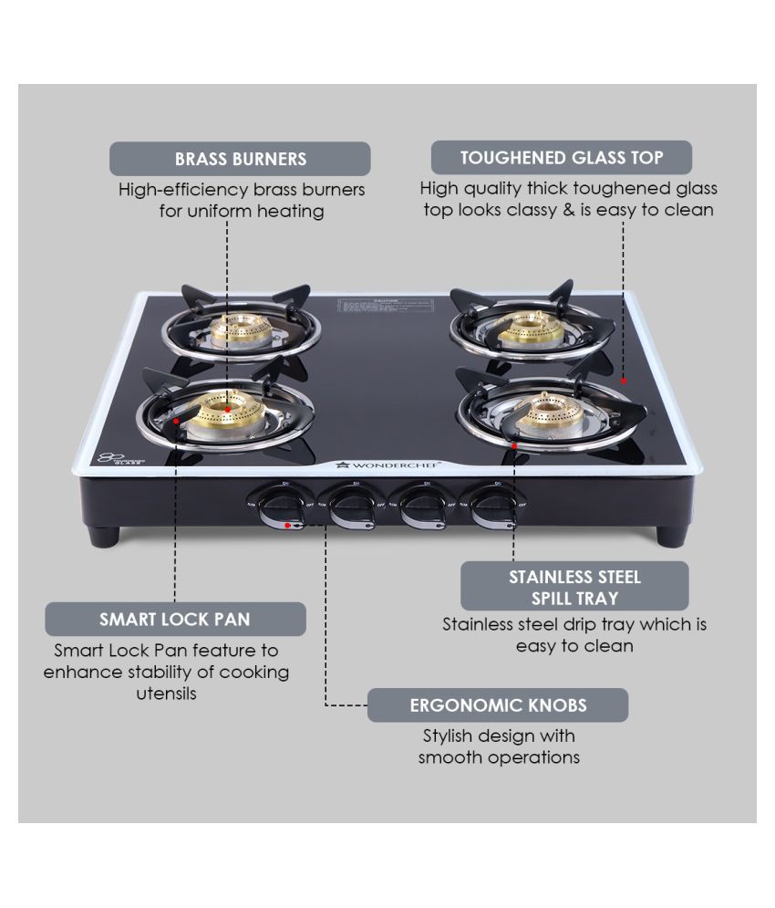 Wonderchef Platinum 4 Burner Glass Cooktop, Black 6mm Toughened Glass