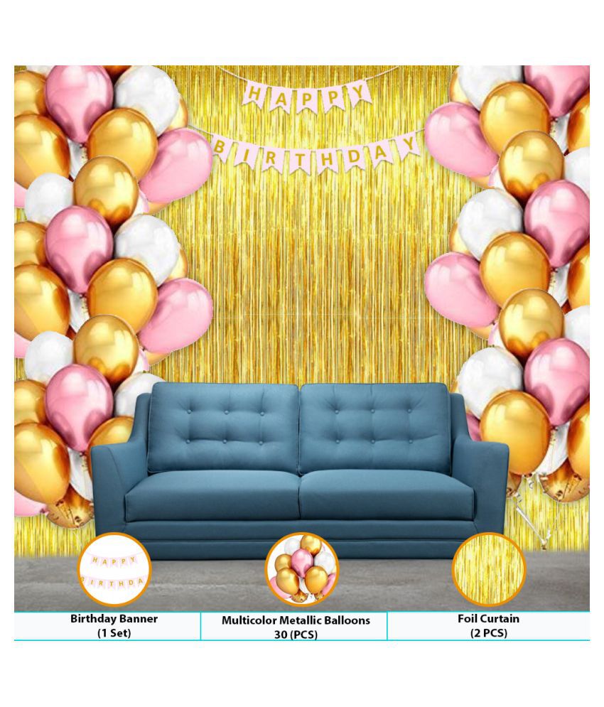     			AMAZING XPERIENCE 33 Pcs Combo, Pink, White, Golden Metallic Balloons Decoration For Girls, Golden Foil Fringe Curtain, Baby Pink Color Golden Gradient Happy Birthday Banner for Birthday Decoration