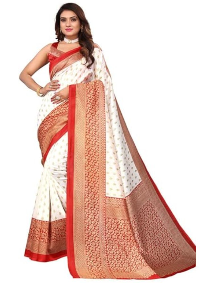     			Grubstaker Pack of 1 Art Silk Printed Saree With Blouse Piece ( White )